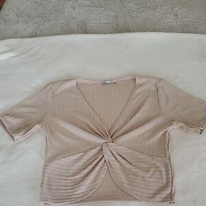 Zara Tan Ribbed Tie Front Blouse